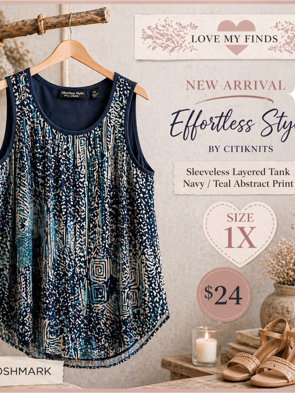 Effortless Styles by Citiknits Navy & Teal Abstract Sleeveless Tank (1X)